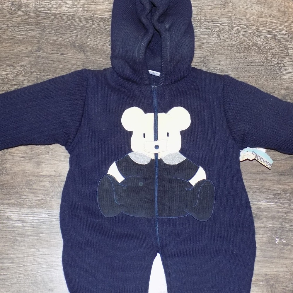 Carriage Boutiques Knit Pram Suit Kids 6M Navy New Teddy Bear Hooded Bunting - Picture 2 of 6